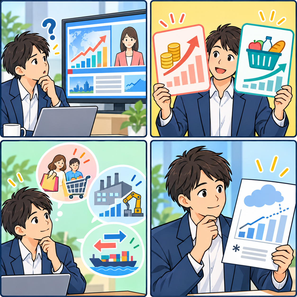 GDPの数字を段階的に確認する4コマ漫画