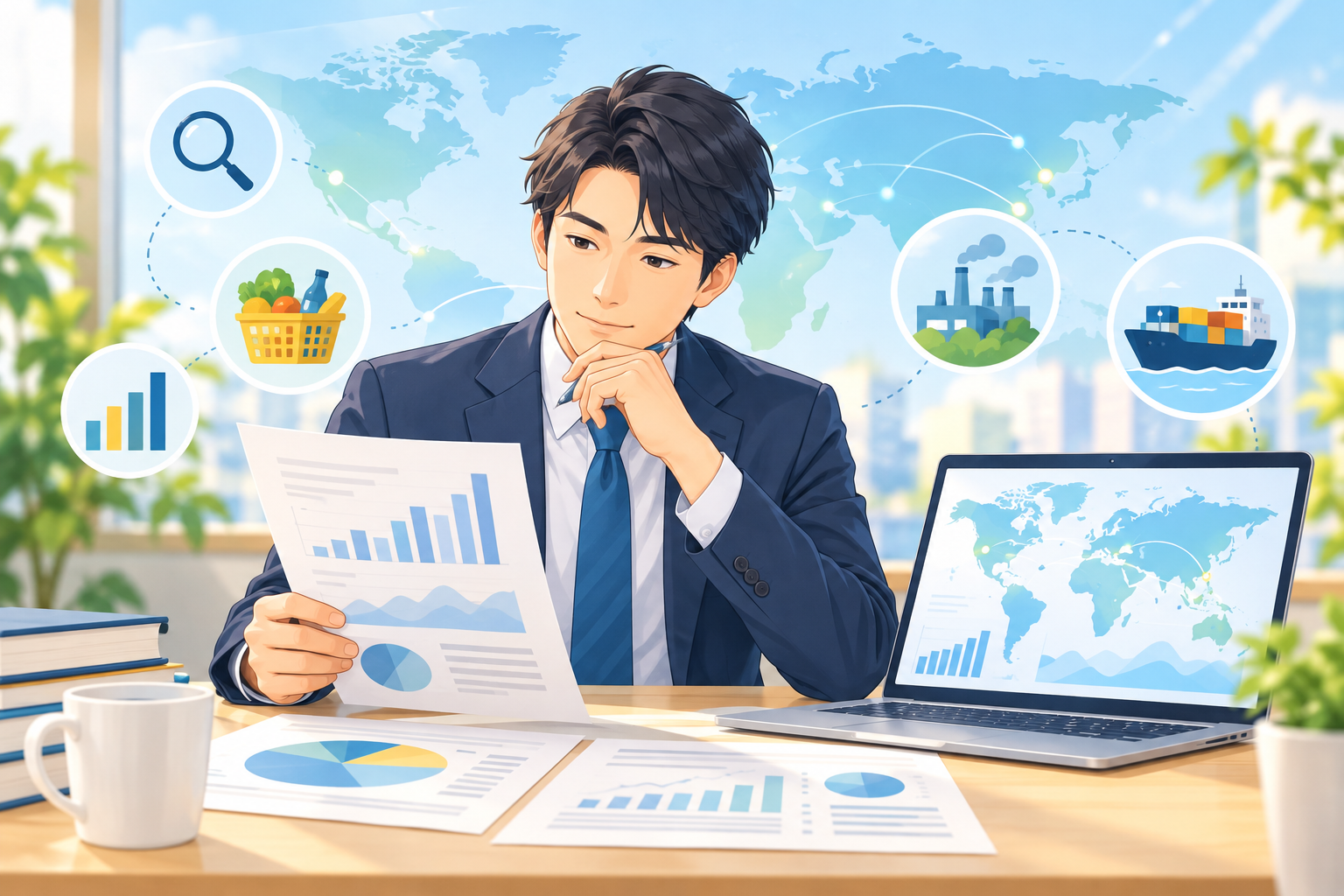 GDPの資料と世界地図を見比べる会社員
