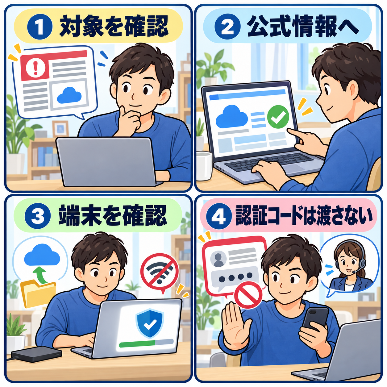GMO不正アクセス時に公式情報と端末対応を確認する4コマ