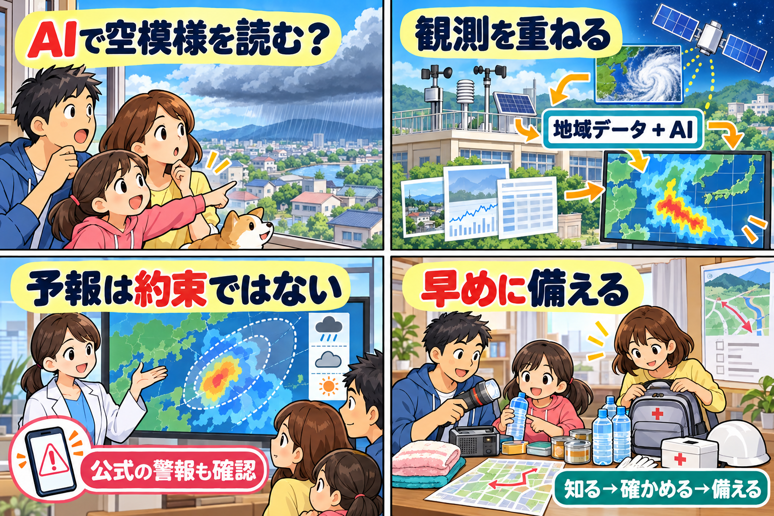 AI気象予報と公式警報の確認を描く4コマ漫画