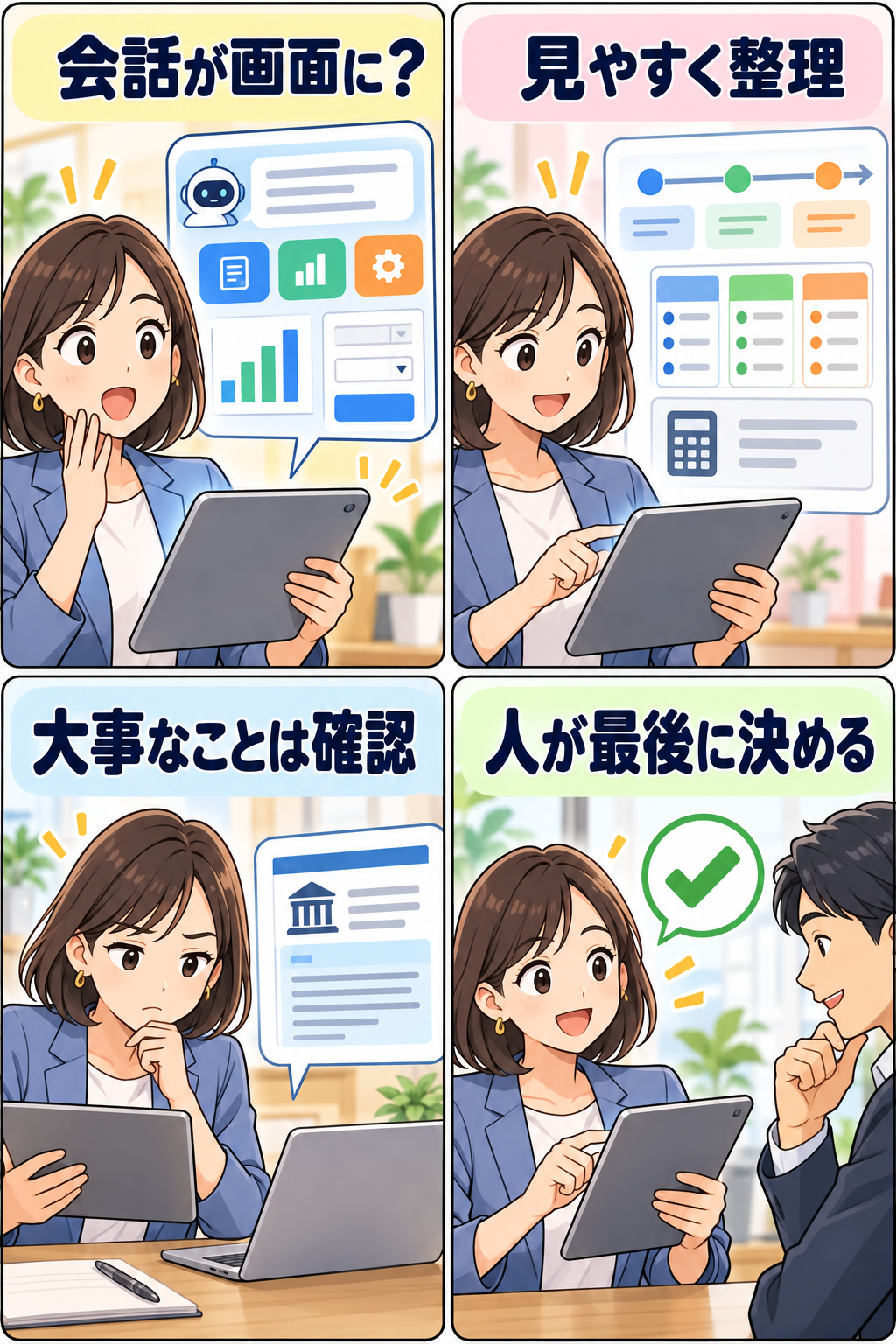 GPT-6のインテリジェントUIで情報を整理し、重要事項を人が確認する4コマ