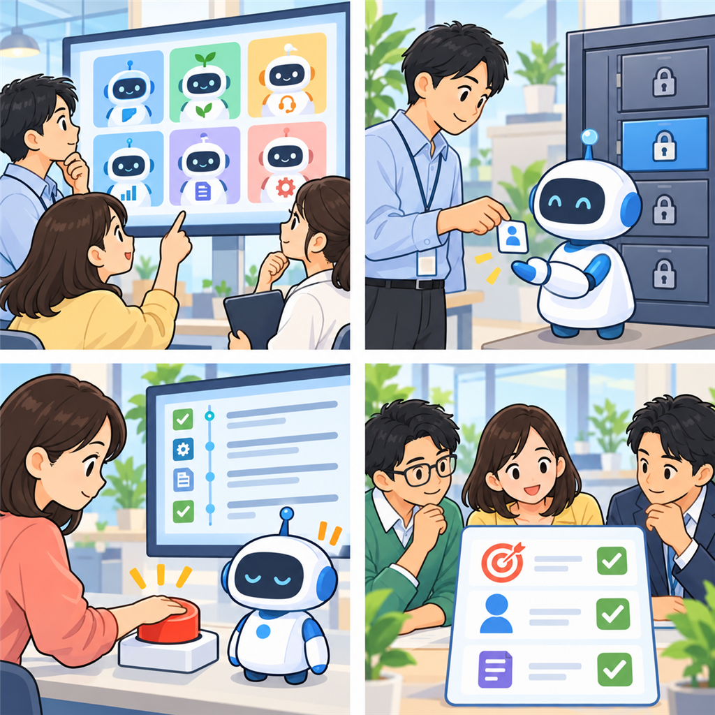 AIエージェントの権限確認を示す4コマ漫画