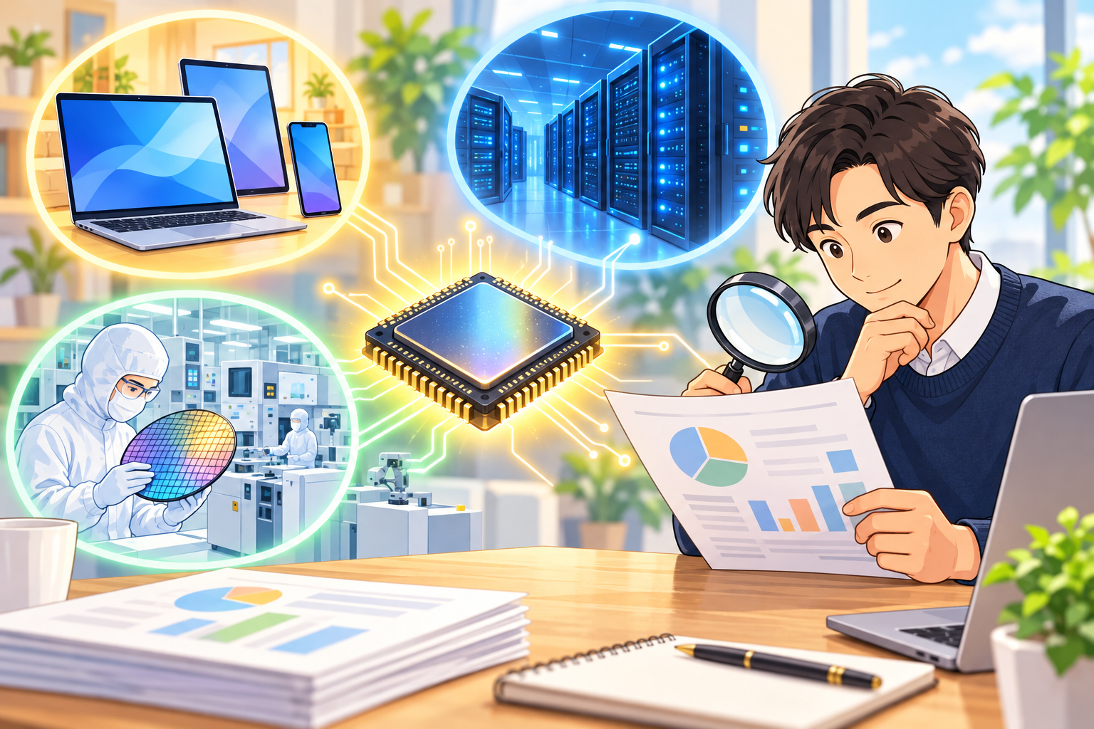 半導体事業の三つの領域を資料で確認する人物