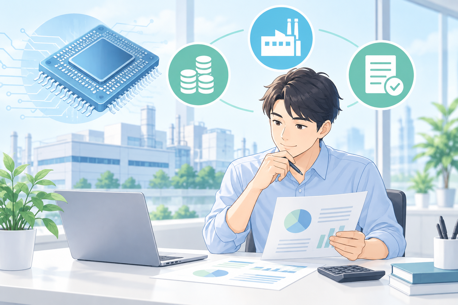 決算資料と半導体チップを確認する人