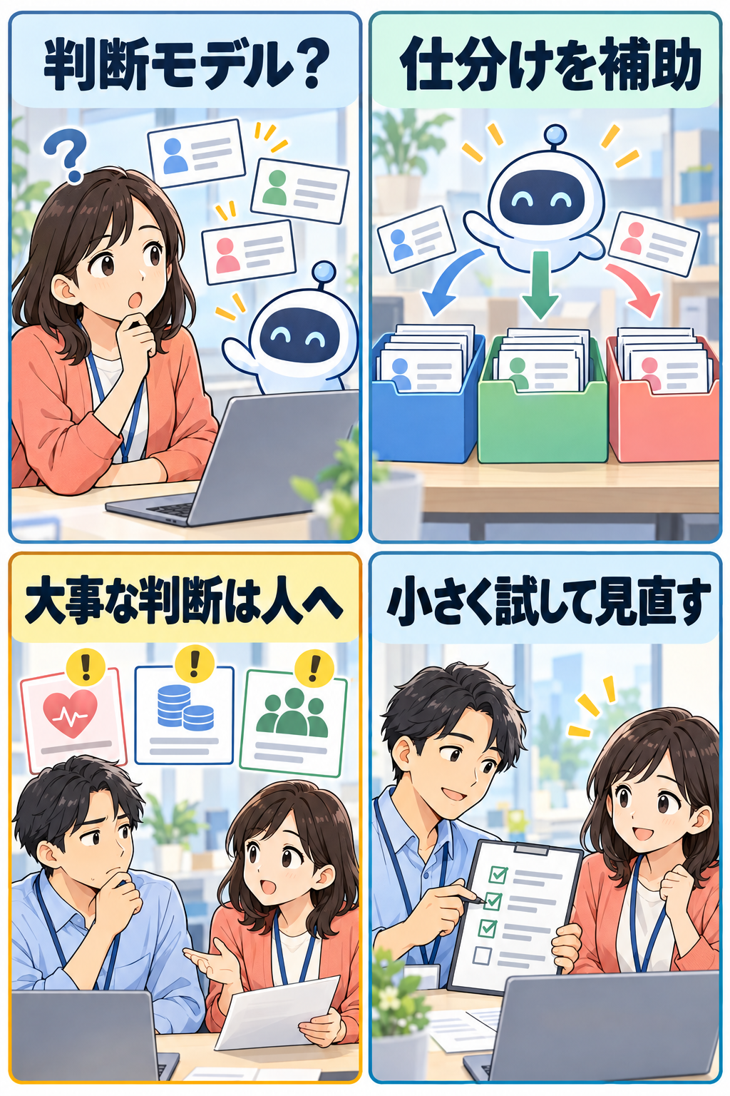 判断専用AIと人の確認を描く4コマ漫画