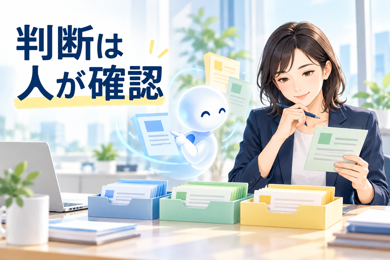 分類カードを確認する人とAIのイラスト