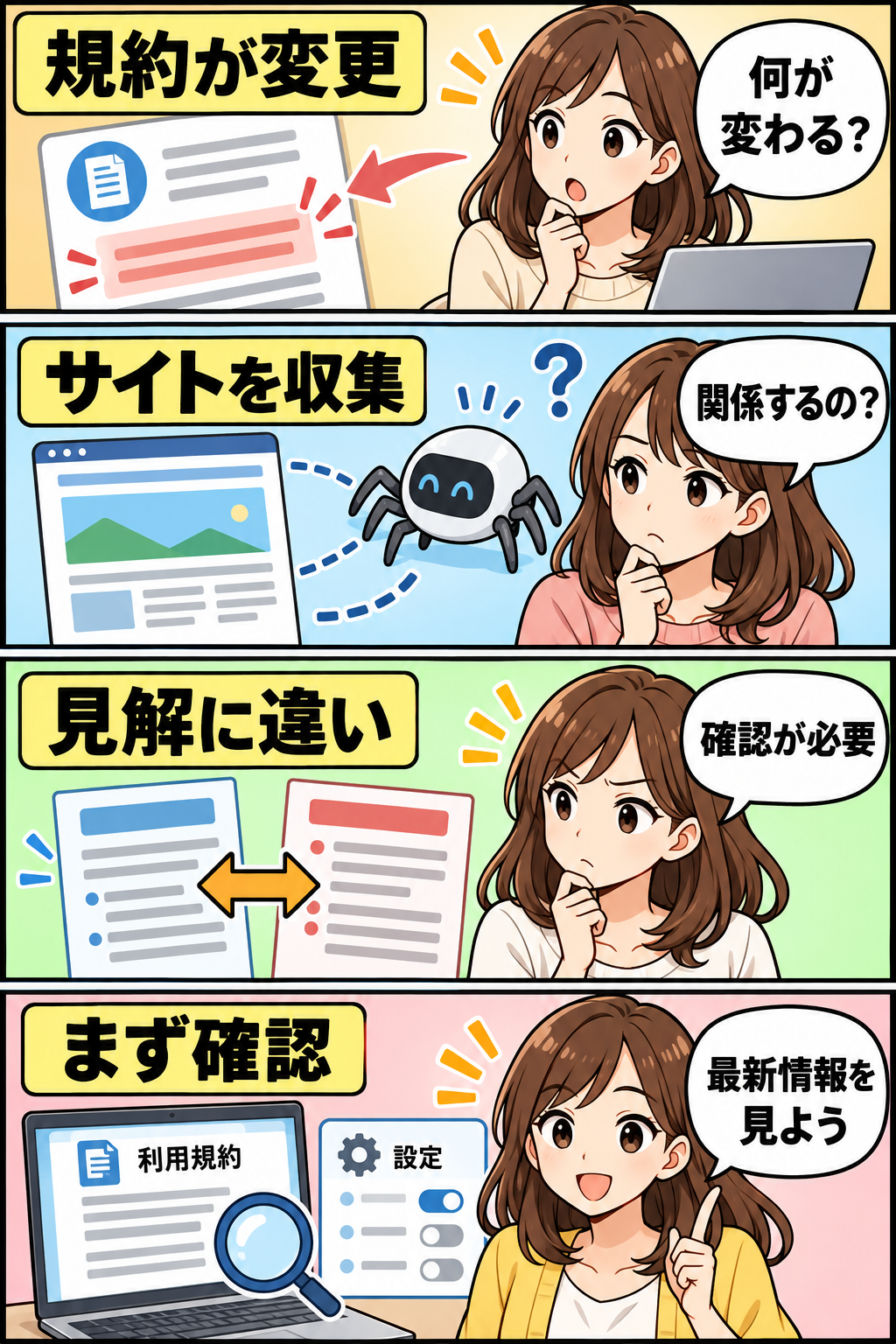Metaの規約変更とサイト情報収集を確認する4コマ漫画