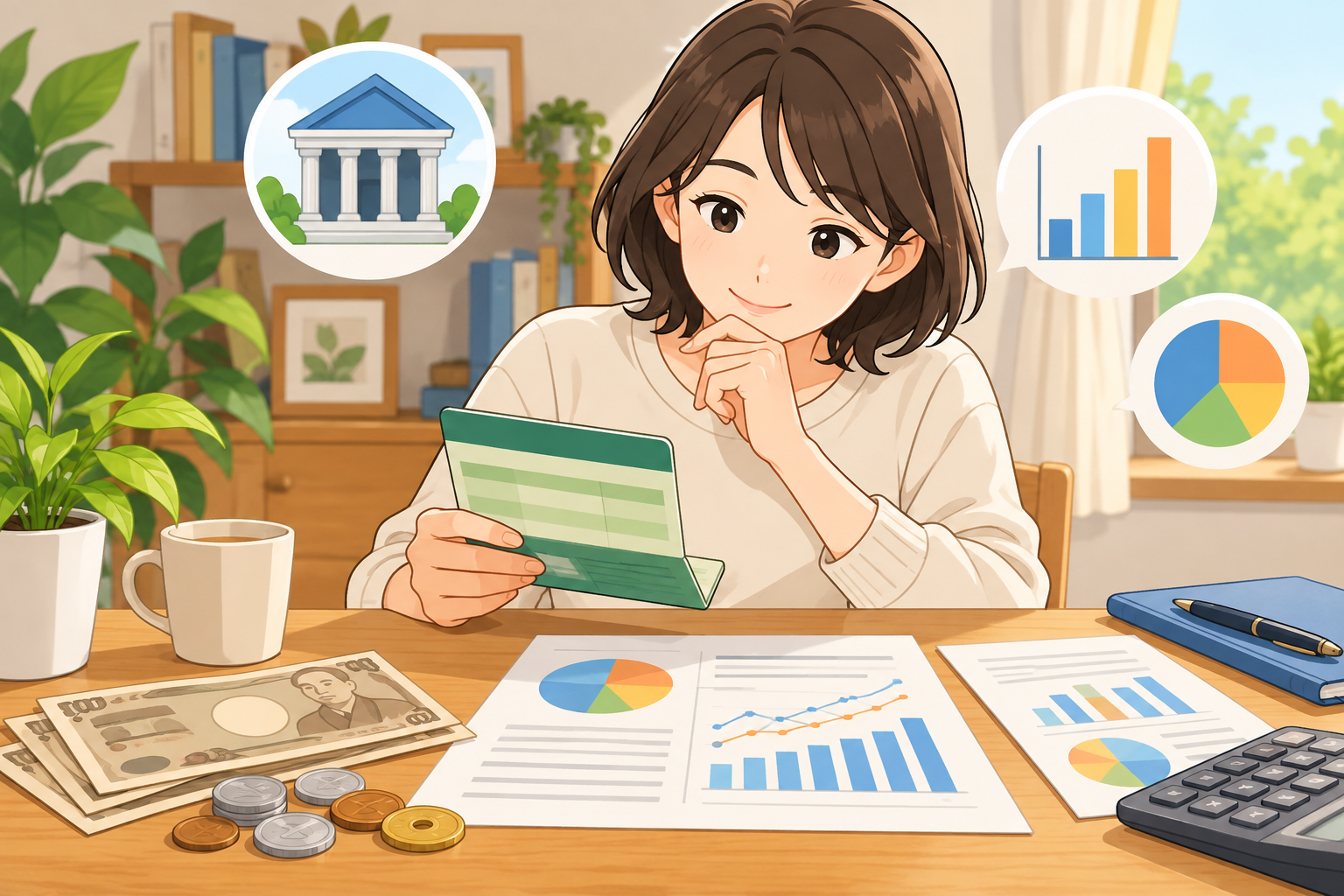 預金通帳と統計資料を見比べる生活者