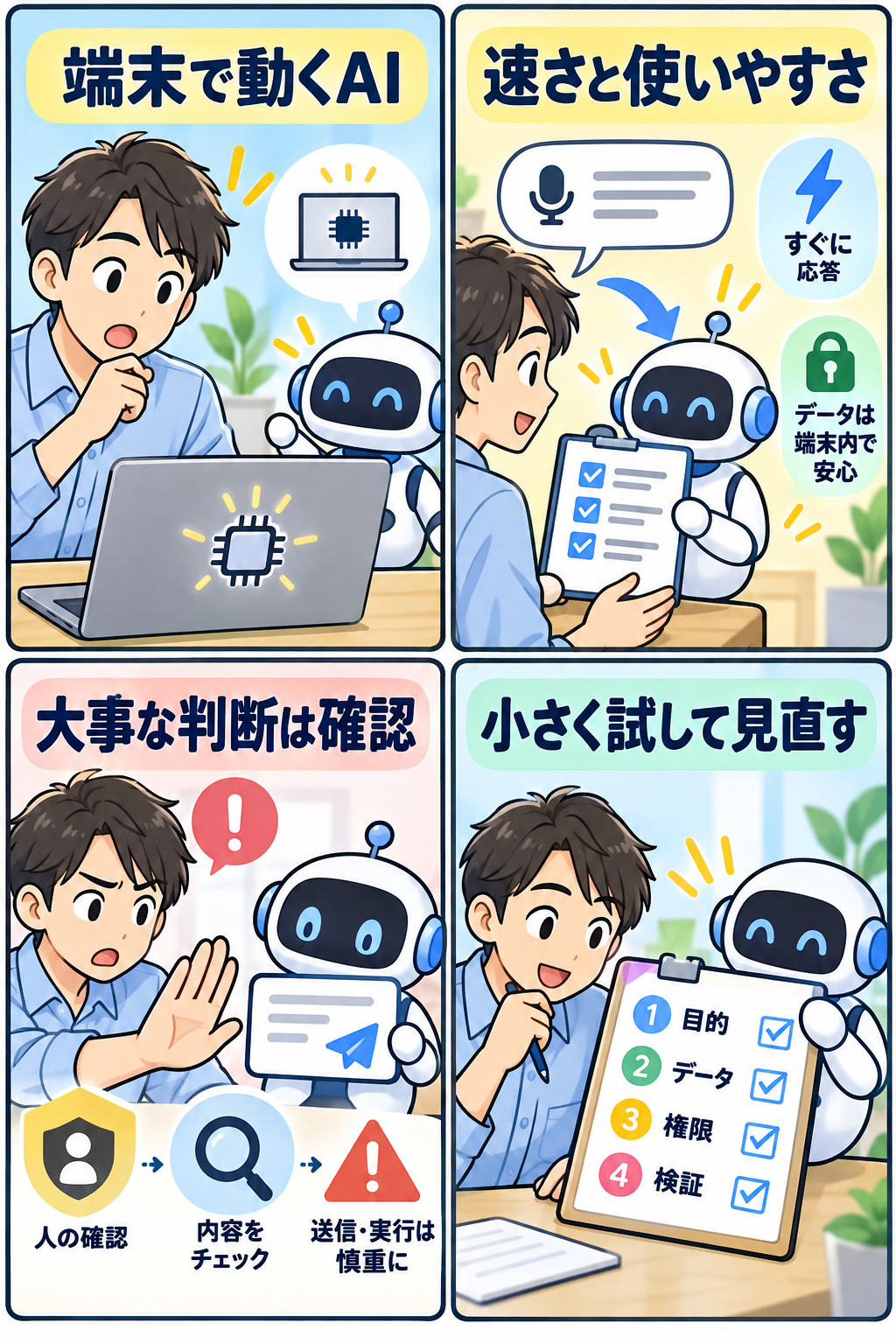 端末で動く小型AIの利点と確認手順を示す4コマ漫画