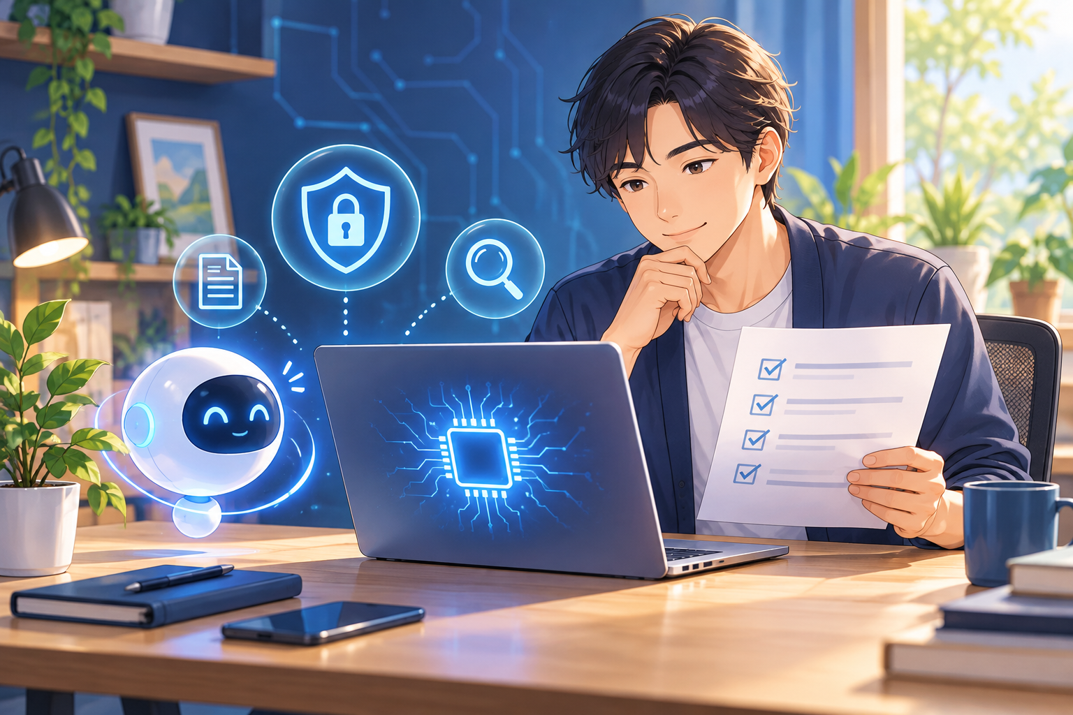 ノートPCの小型AIと確認リストを見比べる利用者