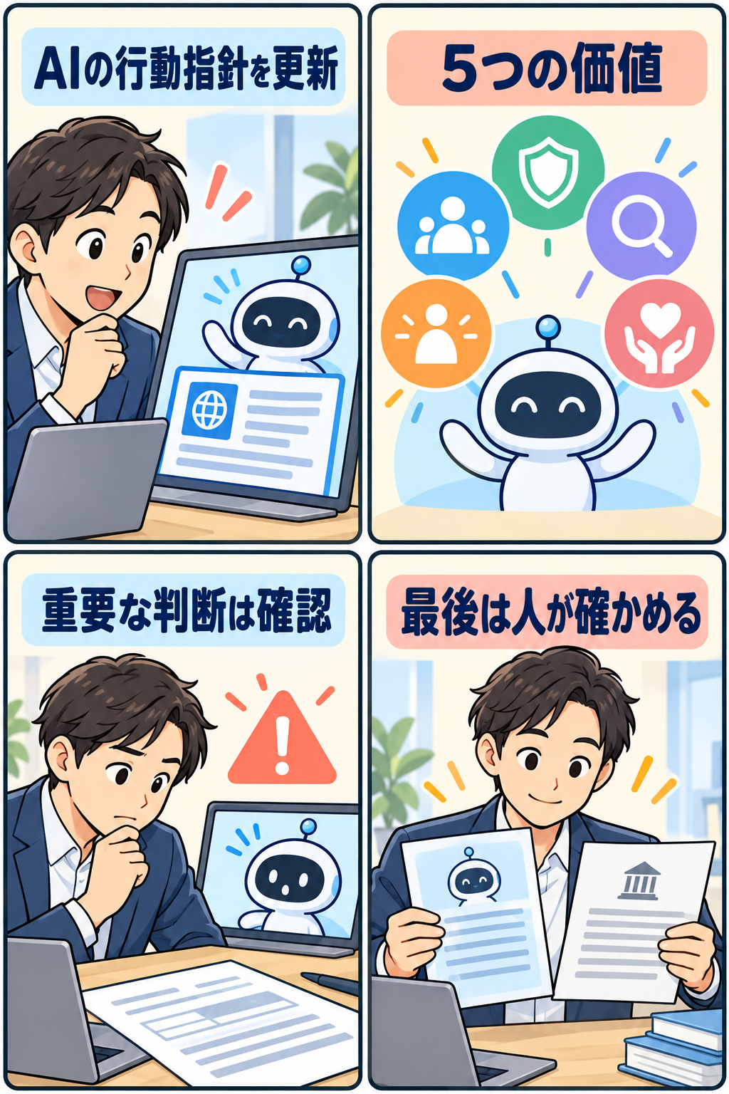 AIの行動指針と人の確認を示す4コマ