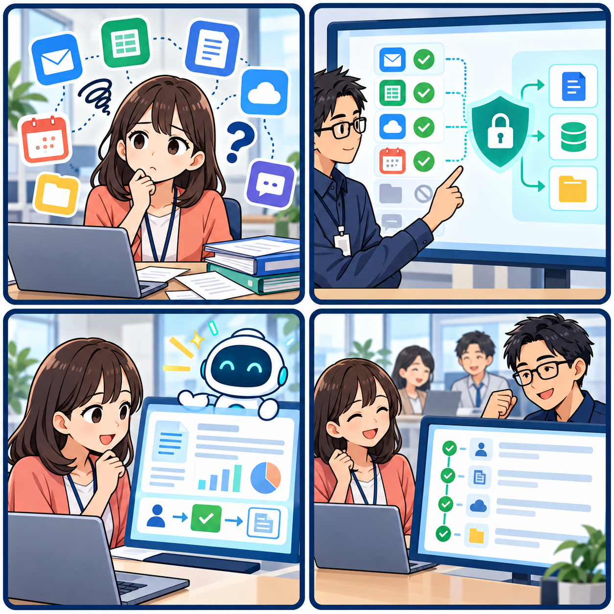 許可済みの業務データを確認してAI活用を進める4コマ