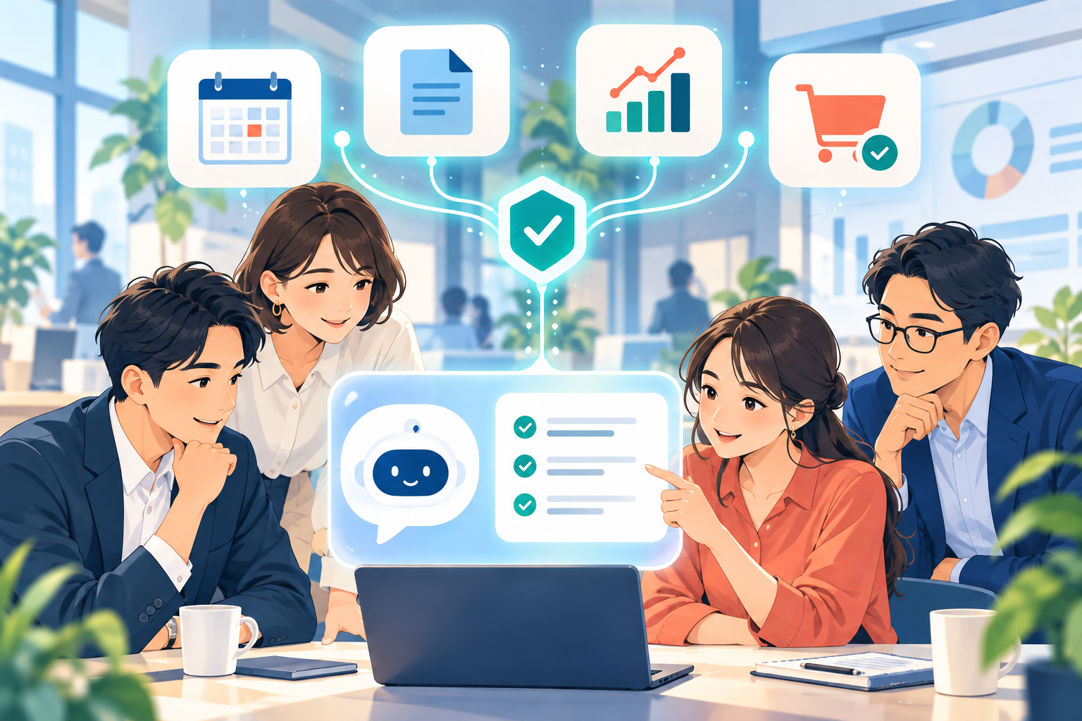 業務アプリと承認画面を確認する会社員