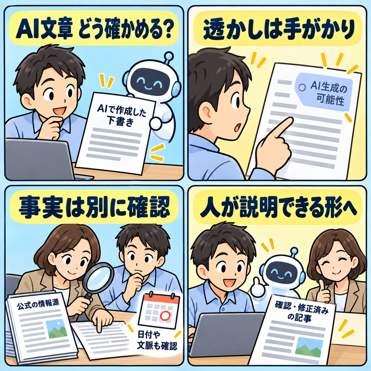 AI文章の透かしと確認手順を示す4コマ漫画