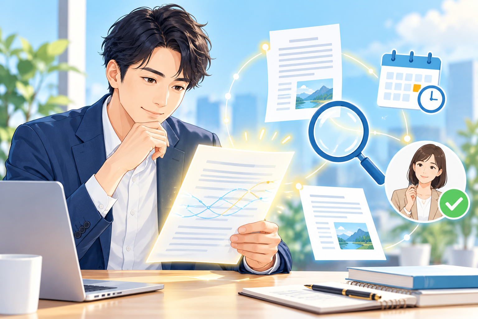 AI文章の出所と内容を確認する人物のイラスト