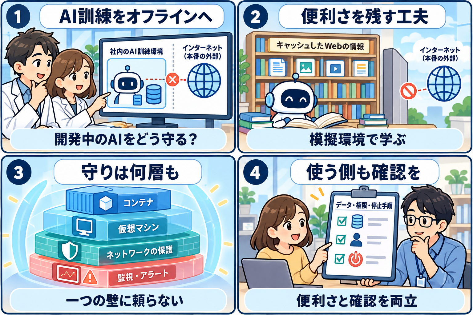AI訓練の隔離と確認を説明する4コマ漫画
