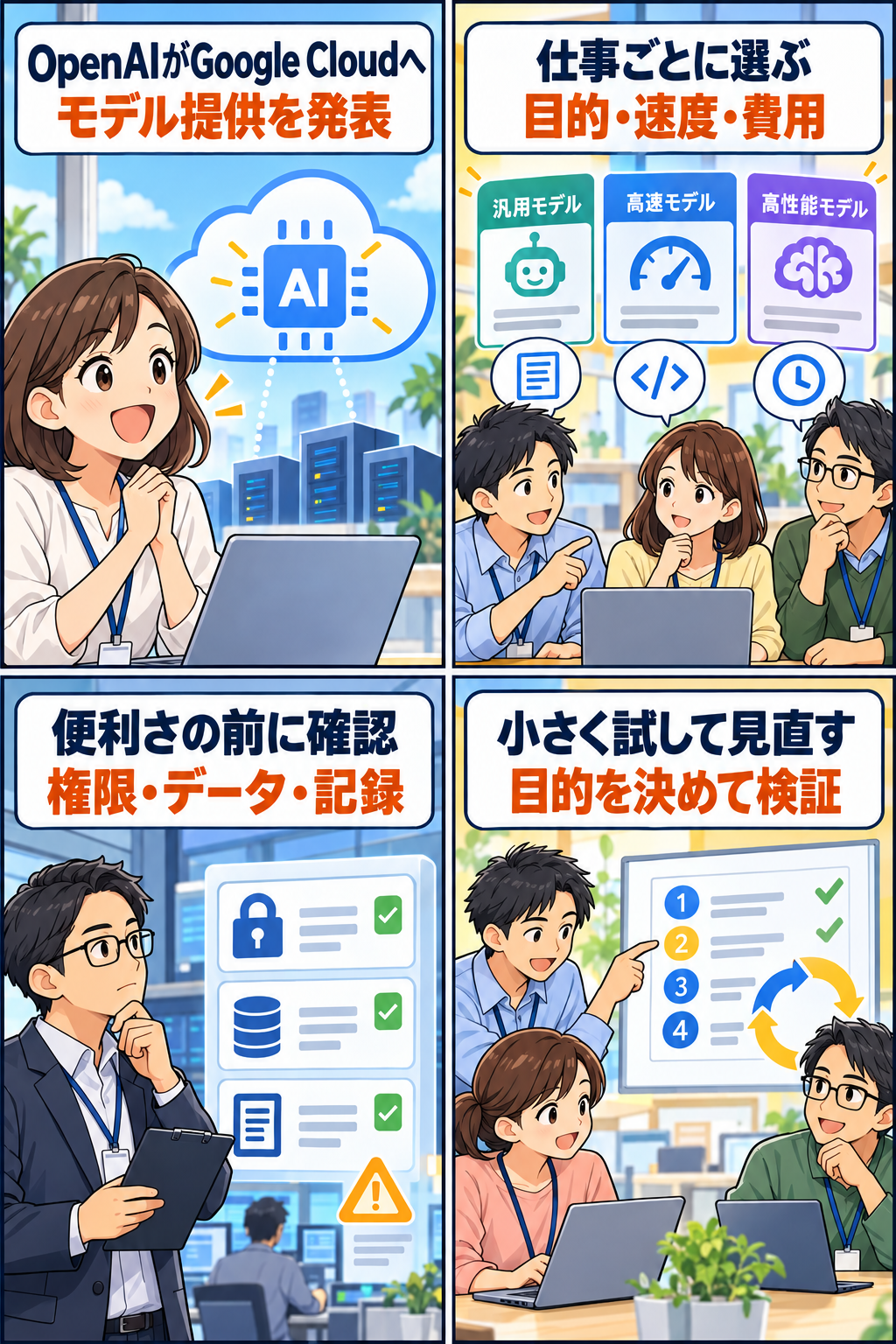 OpenAIモデルのGoogle Cloud提供を説明する4コマ漫画