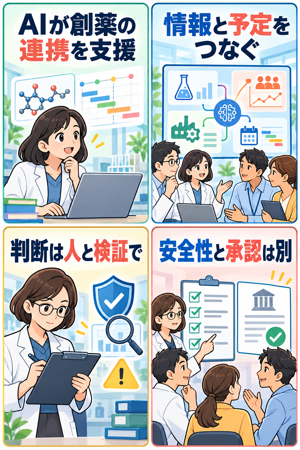 AIが創薬の連携を支援する4コマ漫画