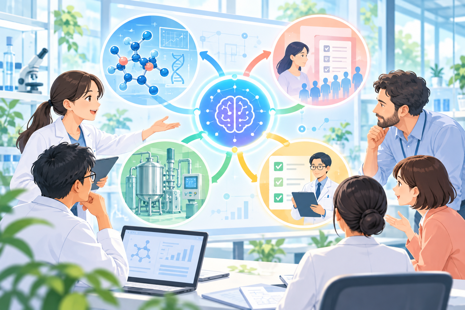 AIが研究・臨床試験・製造と人の確認をつなぐイメージ