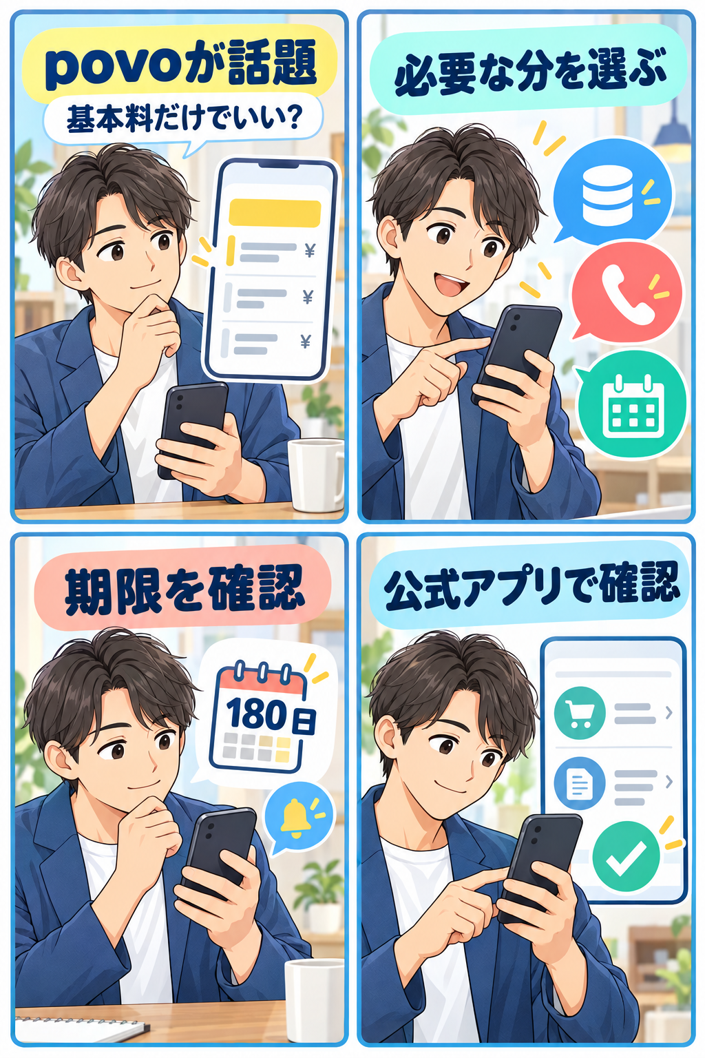 povoの料金と有効期限を公式アプリで確認する4コマ