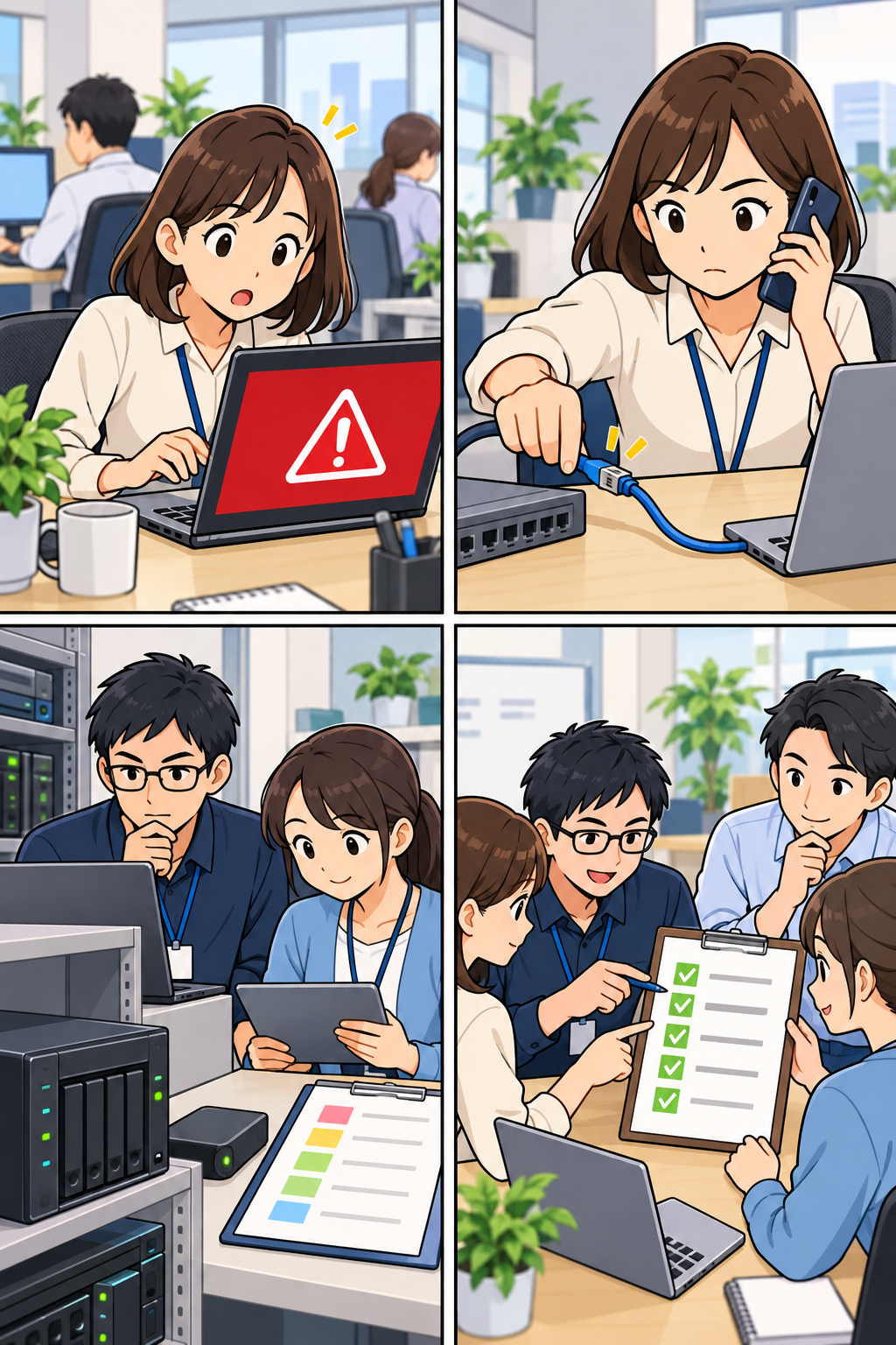 異変発見から復旧準備までを描く4コマ