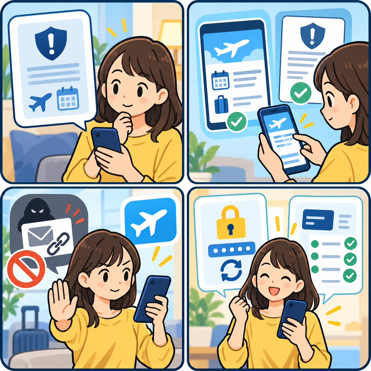 予約情報の確認手順を示す4コマ