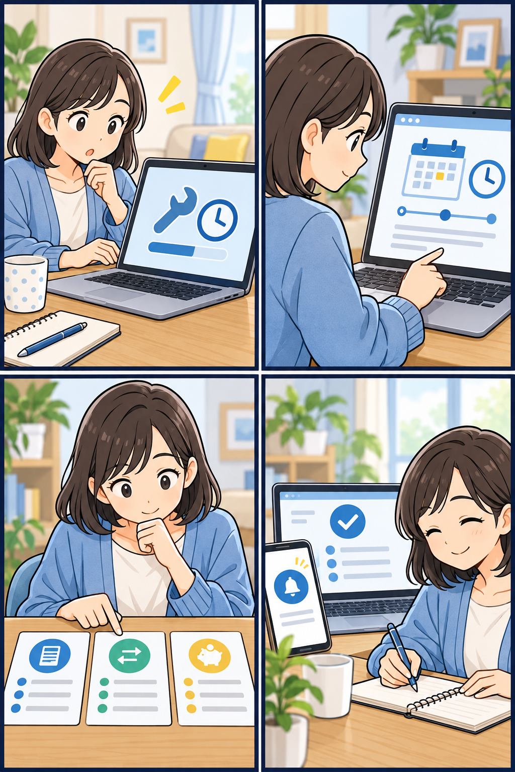 メンテナンス告知を見て公式確認を進める会社員の4コマ漫画