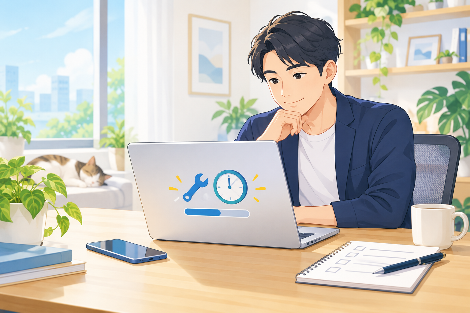 証券口座のメンテナンス確認をする会社員