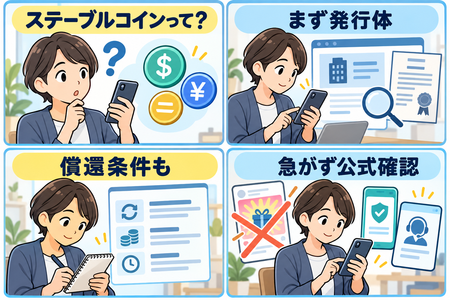 ステーブルコインの発行体と償還条件を確認する4コマ