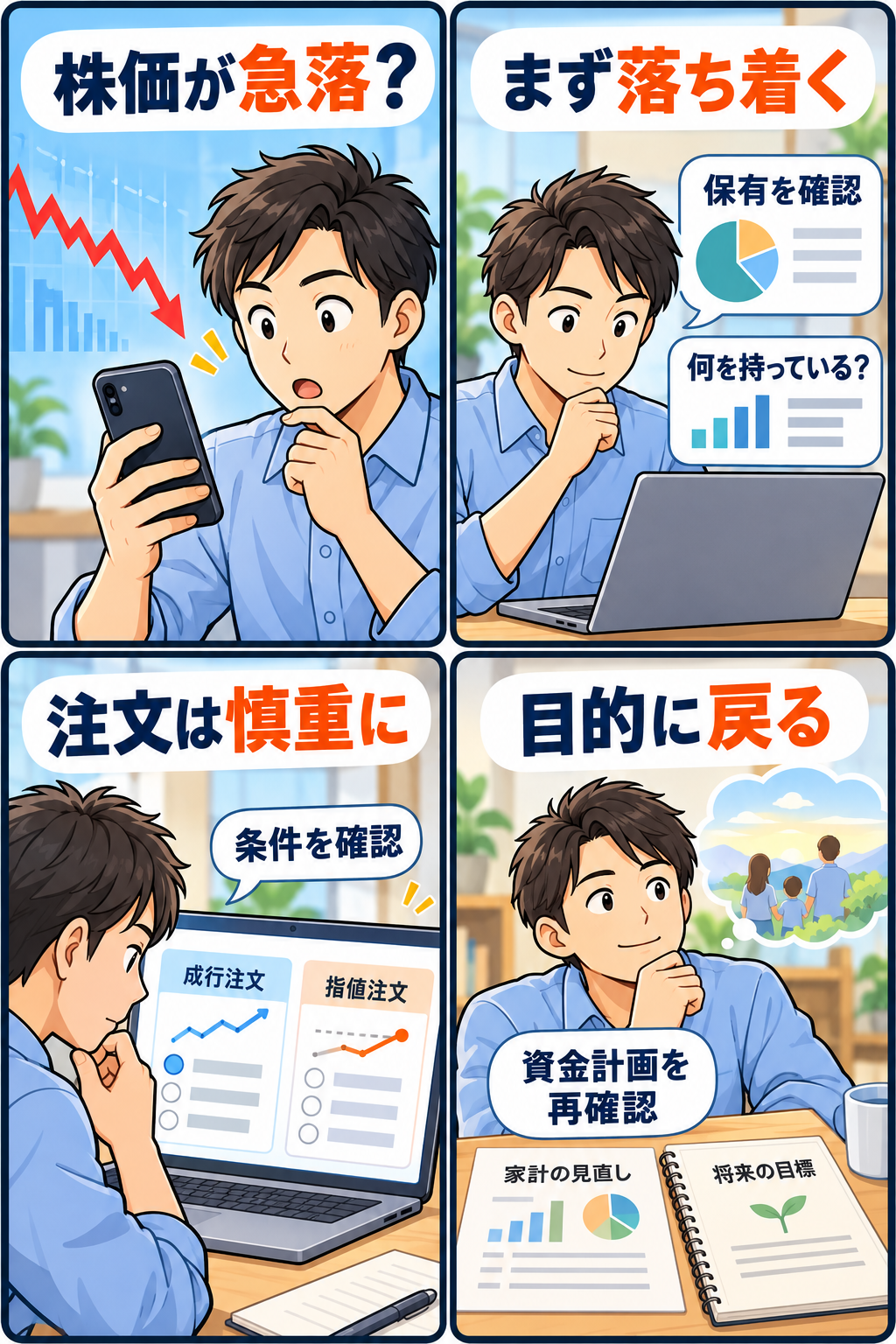 株価急落時にNISA口座と資金計画を確認する手順4コマ