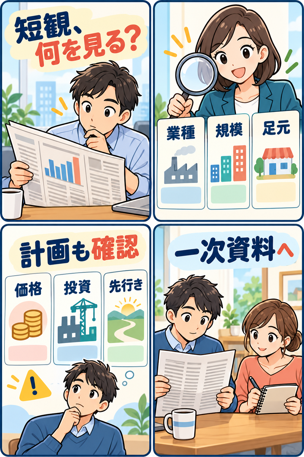 日銀短観を読むポイントを紹介する4コマ漫画