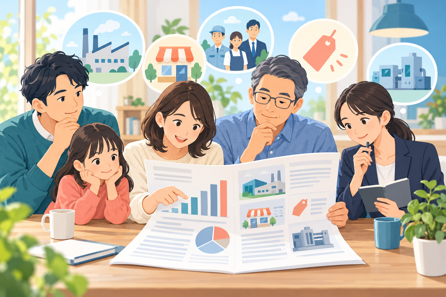 短観の統計グラフを確認する日本の家族と会社員