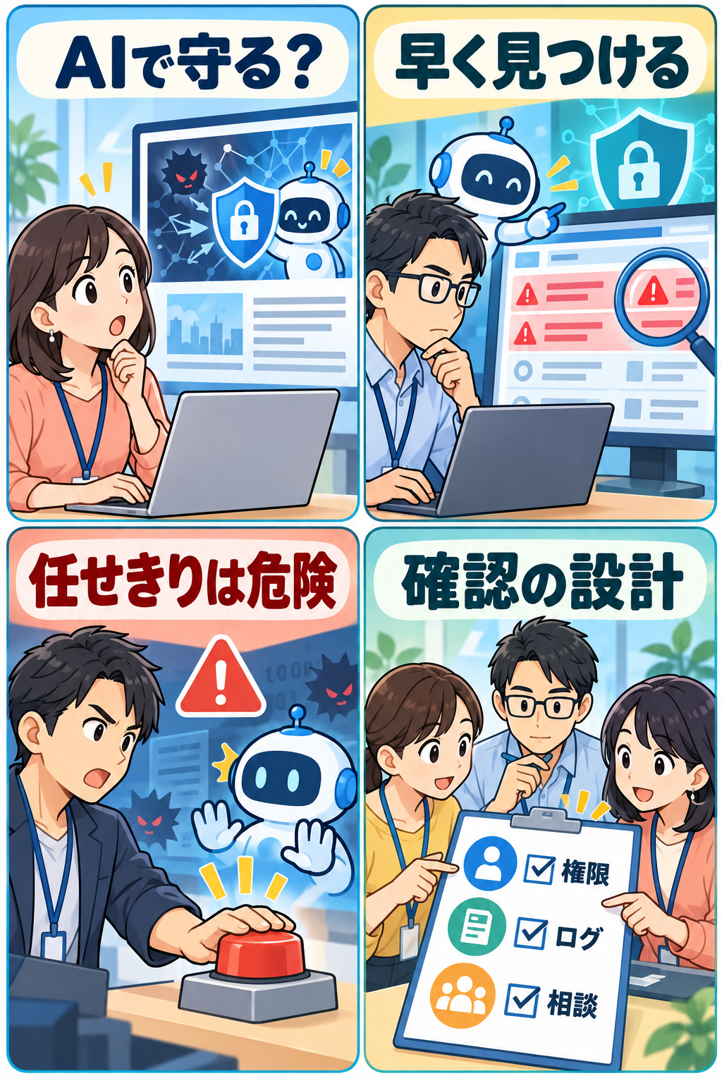 AIを使うサイバー防御と人の確認を描く4コマ漫画
